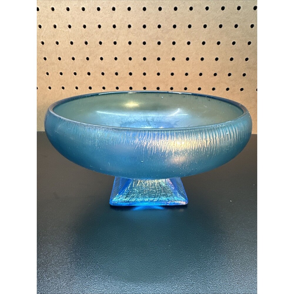 Northwood Tree of Life Blue Stretch Iridescent Glass Pedestal Bowl